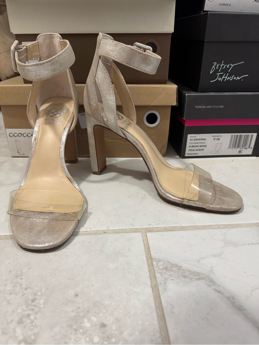 Vince Camuto Nude Shimmer Ankle-Strap Sandal with Clear Toe Band